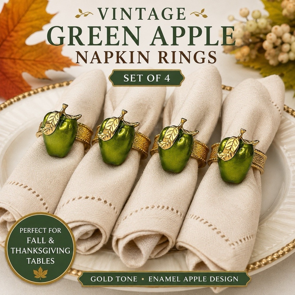 Set of 4 Vintage Green Apple Enamel‎ Gold Tone Napkin Rings Fall Table Decor